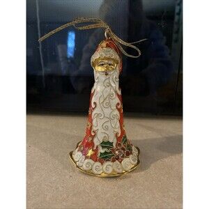 Vtg Cloisonne & Enamel Christmas Bell Ornament Santa Claus Red Coat Holly Berry